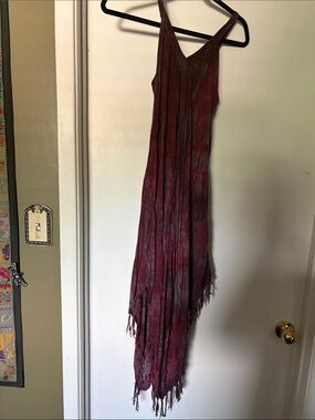 India Boutique Burgundy Asymmetrical Fringe Slip Dress